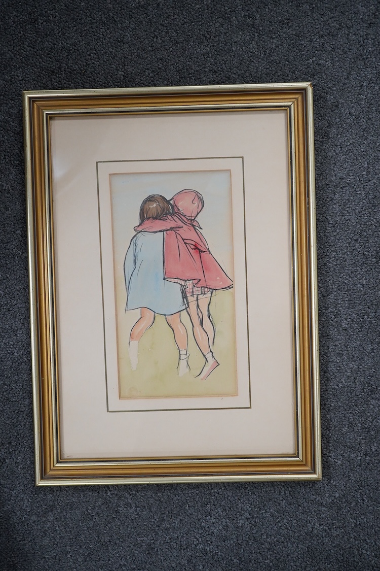 J. H. Dowd (1884-1956), pencil and watercolour, Study of children, 19 x 10cm. Condition - fair- good